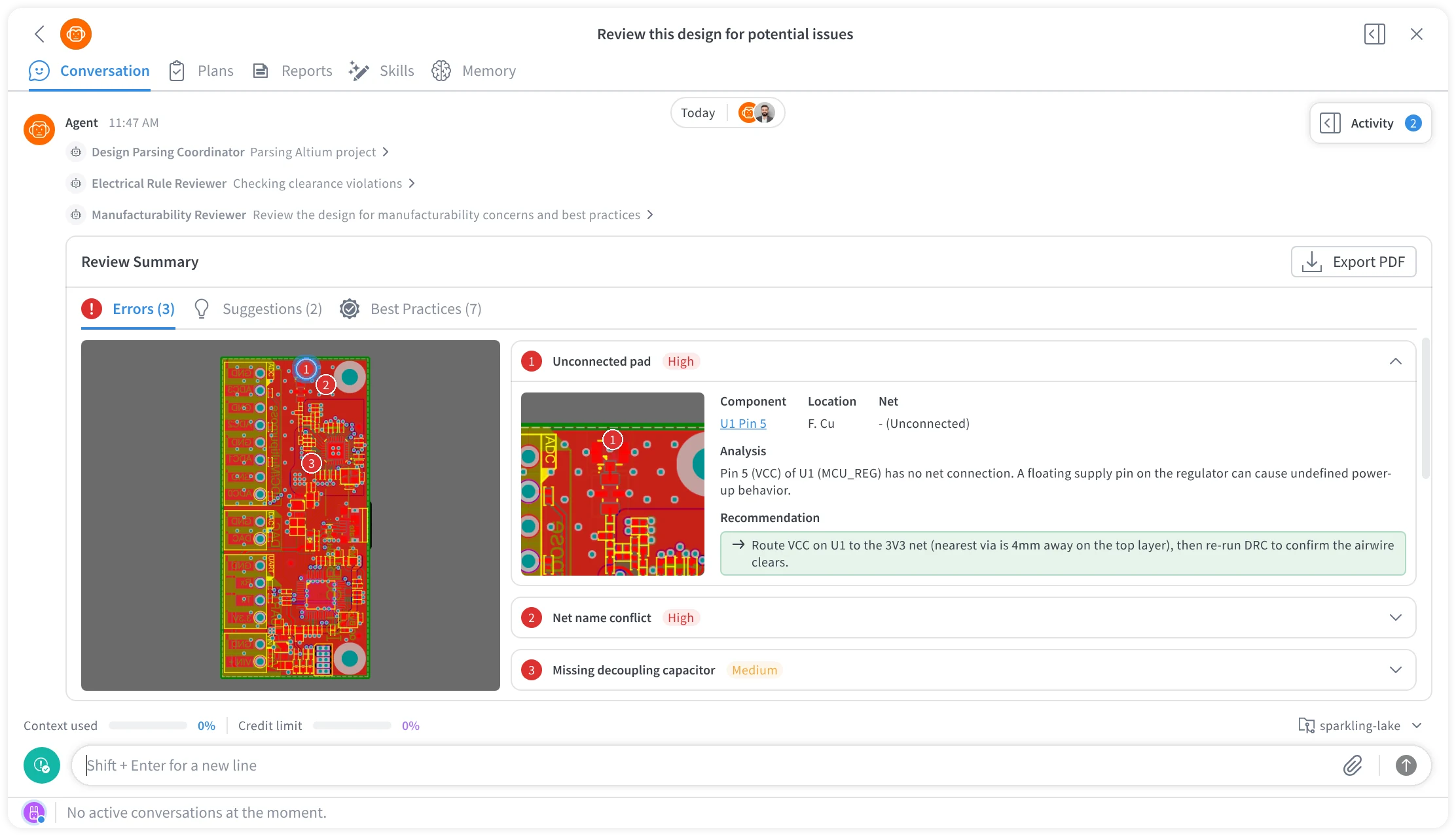 Initial proposed design: a review summary in the agent conversation, with Errors, Suggestions and Best Practices tabs and an expanded finding with its analysis and recommendation