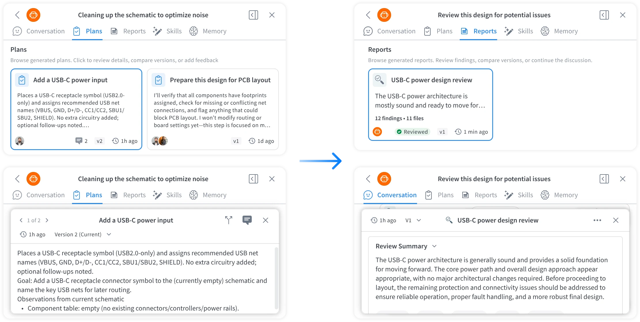 The original Plans template, a plan list and a plan detail, on the left, adapted into a Reports list and a review summary on the right