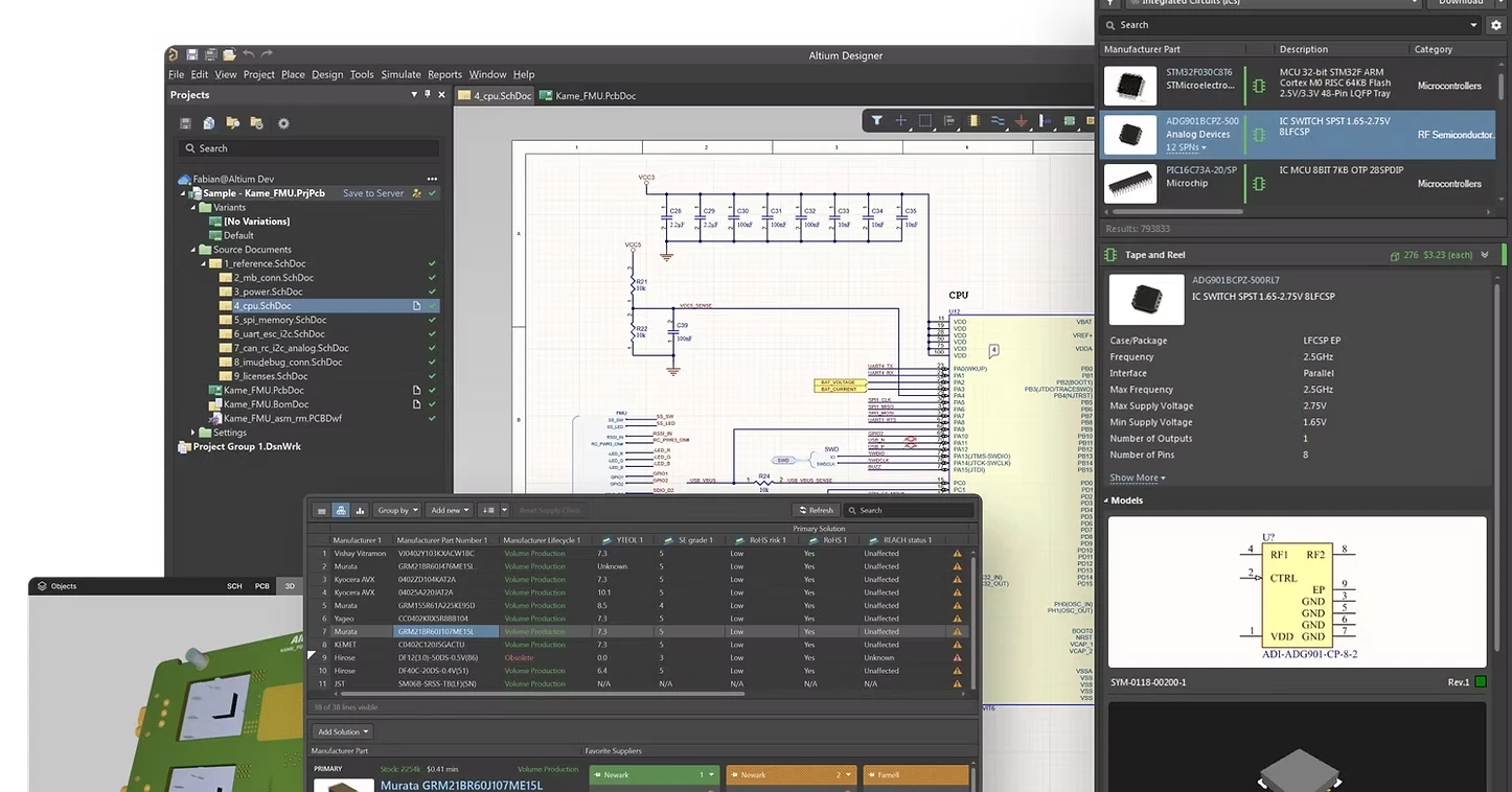 Altium Designer with schematic, parts search and manufacturer data panels open