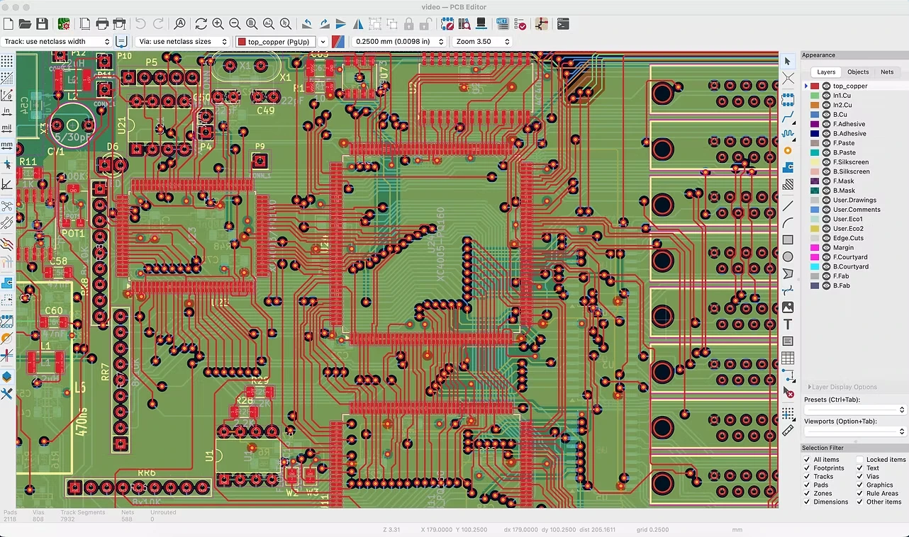 KiCad PCB editor showing a dense, multi-layer board layout