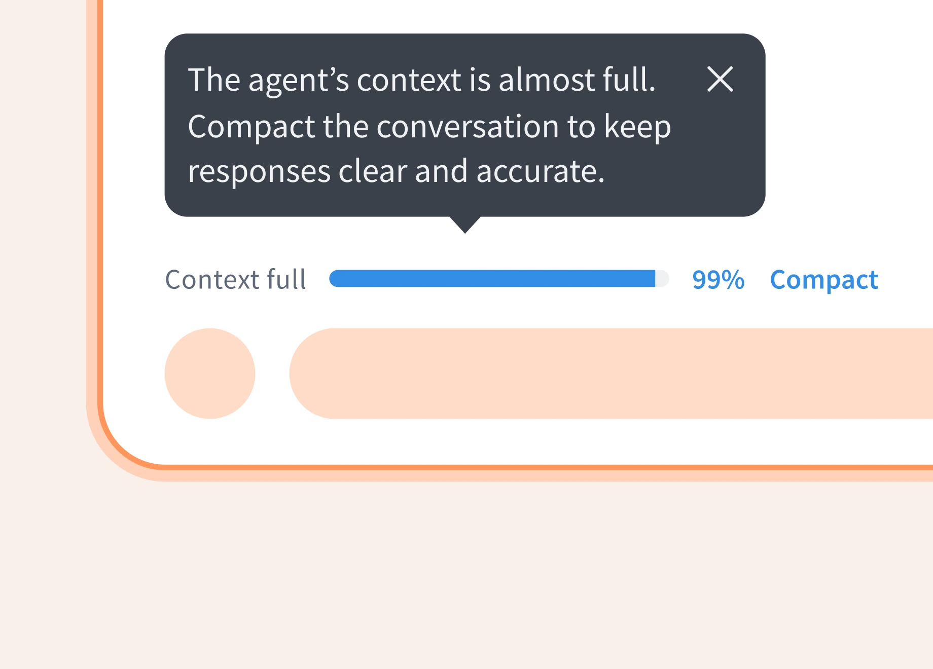 Tooltip warning that the agent’s context is almost full, with a Compact action