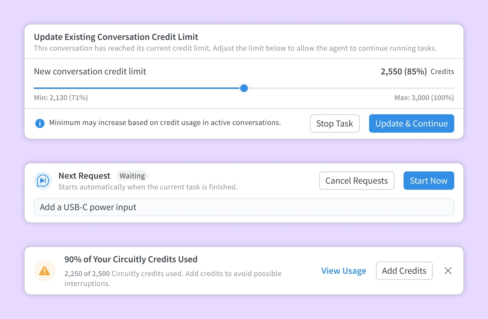 Credit limit cards: update conversation credit limit, next request queue, and 90% credits used alert
