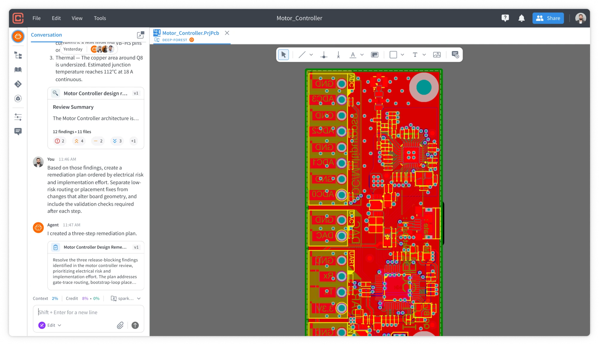 New direction: Circuitly’s agent conversation beside the PCB canvas for the Motor_Controller design