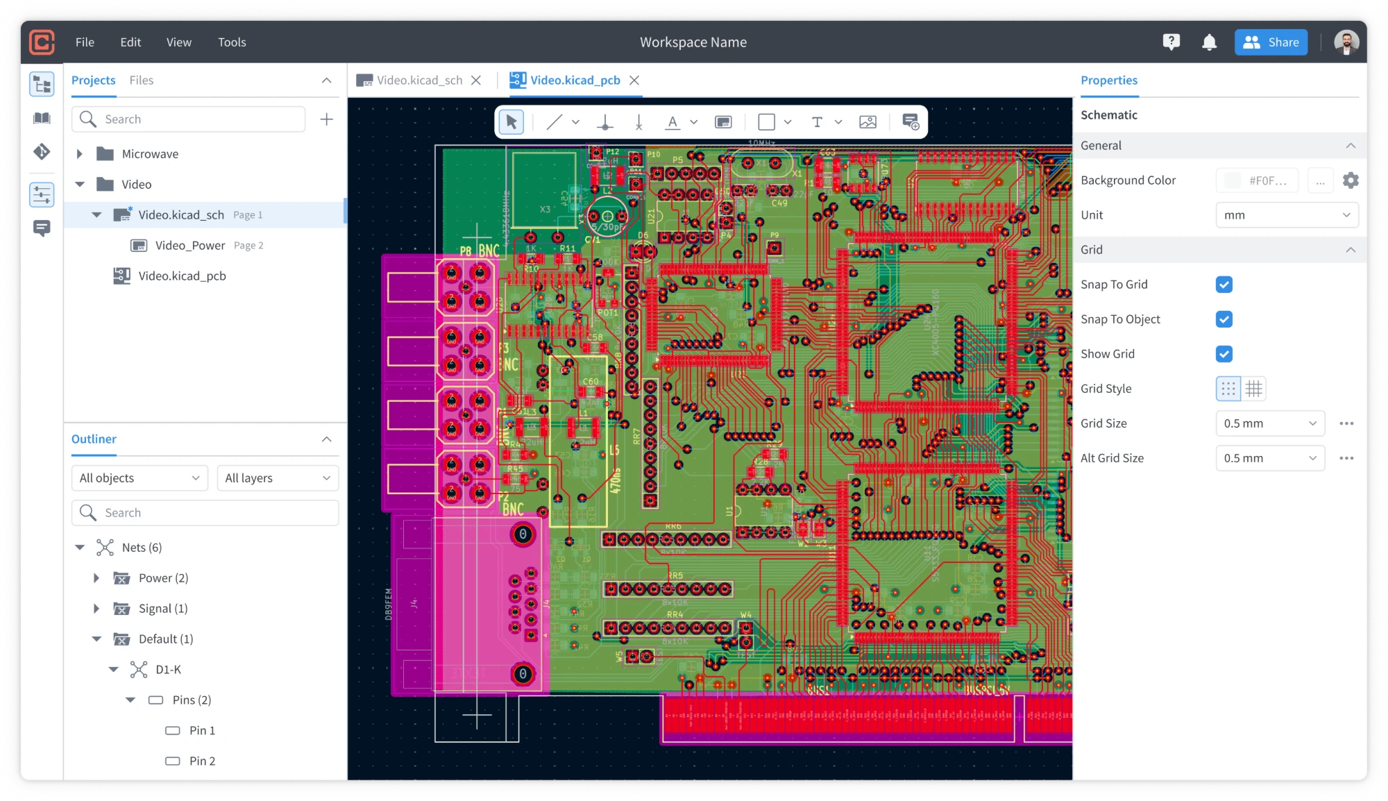 Original direction: Circuitly’s workspace with a project tree, a PCB canvas and a properties panel for manual editing