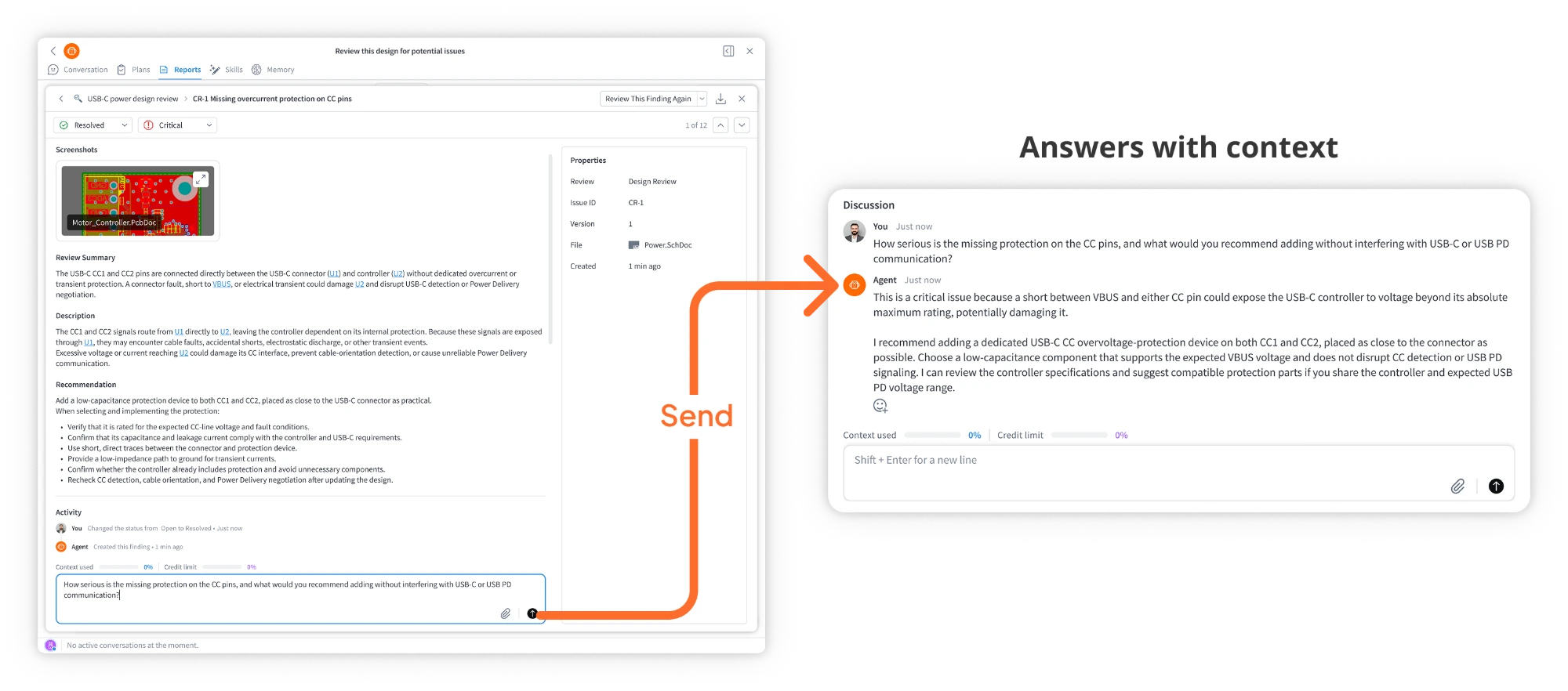 A follow-up question and the agent’s answer, shown as a discussion attached to the finding