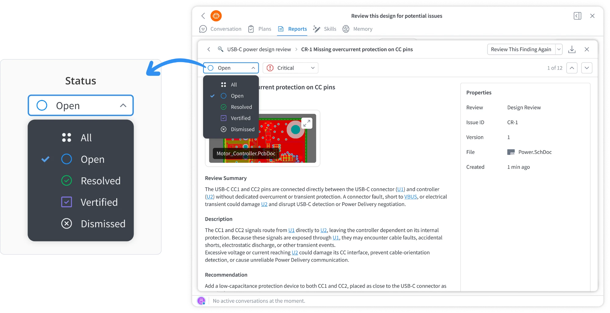 Status dropdown for a review finding, with Open, Resolved, Verified and Dismissed options