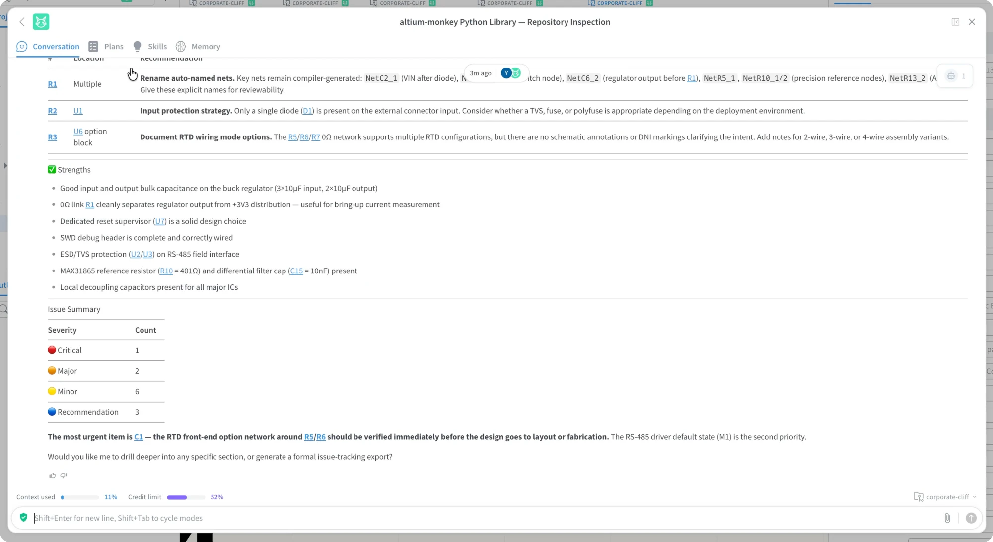 Circuitly agent chat showing a repository inspection review with findings, strengths and an issue summary